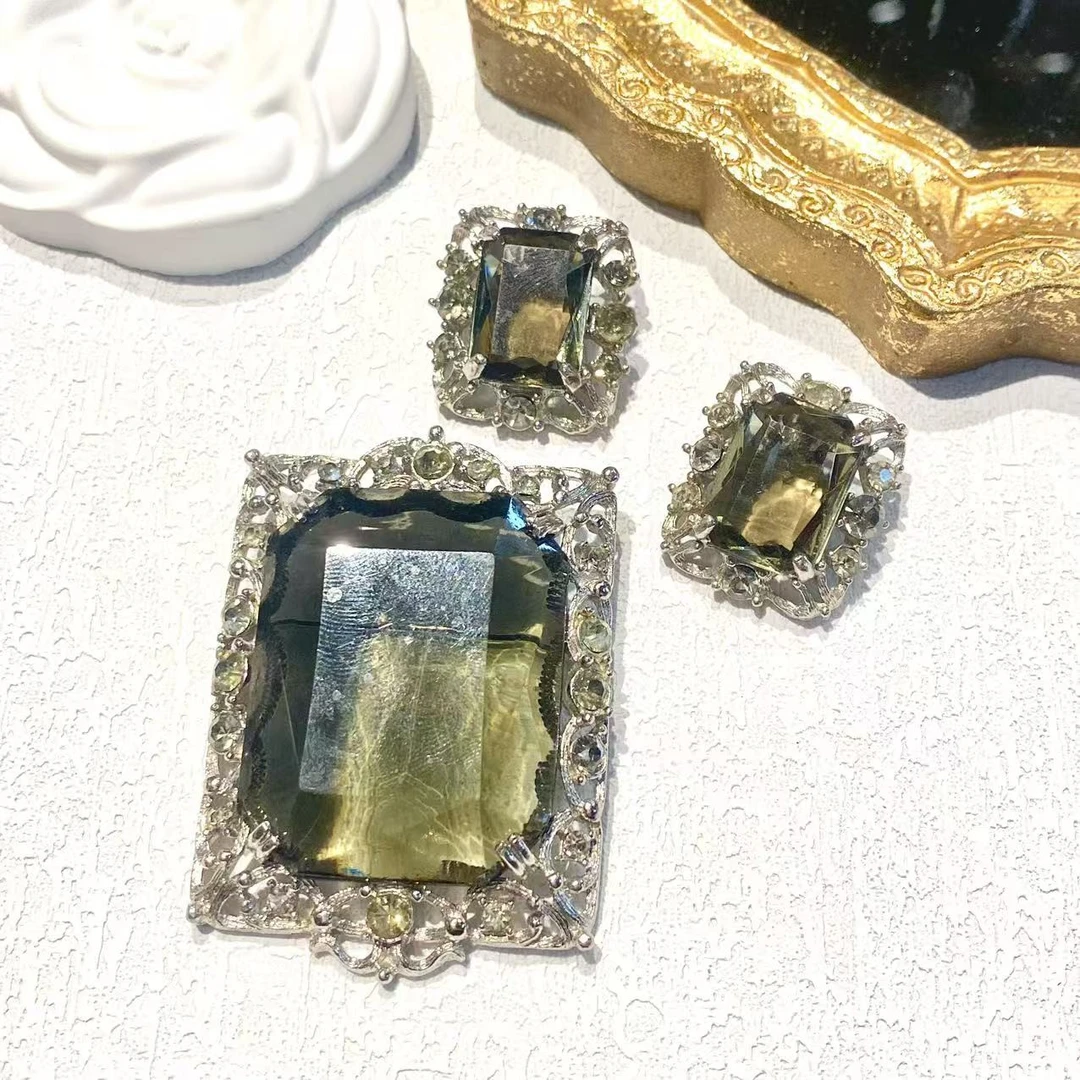 合金耳饰 中古方形墨色莱茵石耳夹胸针一套/EJ412165