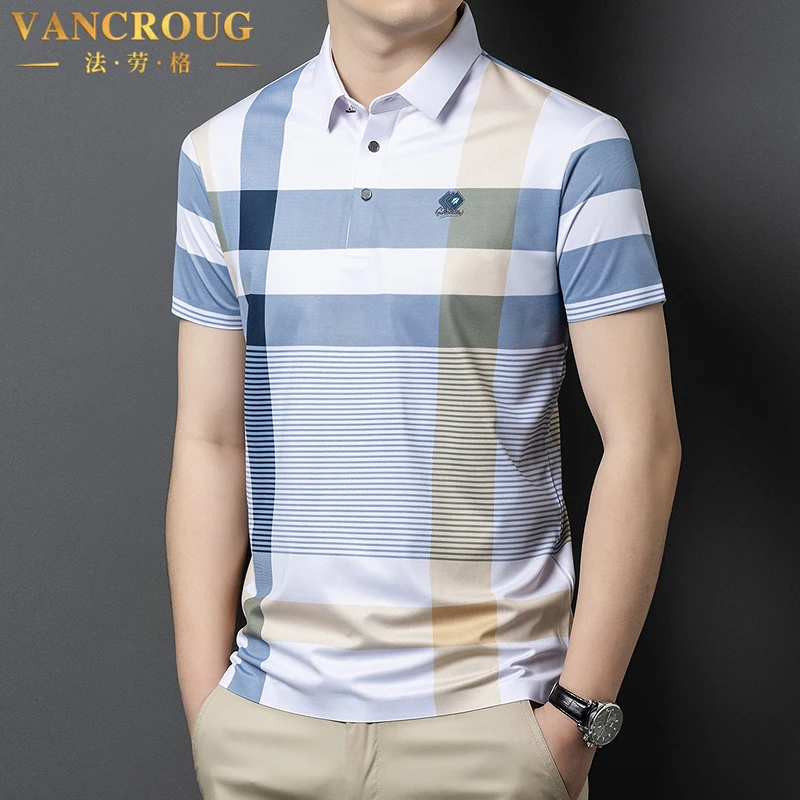 VANCROUG/法劳格POLO衫男士夏季时尚休闲格子薄款透气翻领百搭T恤