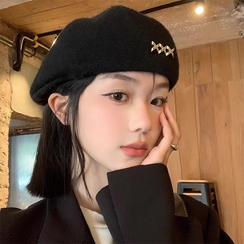 韩系百搭毛线贝雷帽女冬季节保暖黑色显脸小帽子大头围圆顶短檐防
