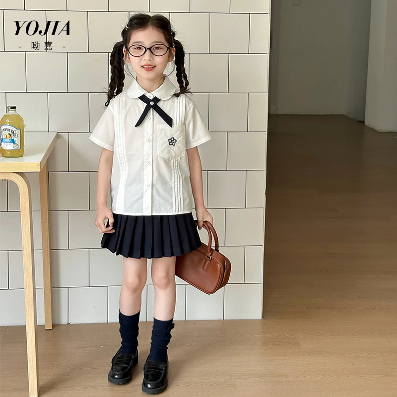 YOJIA【纸樱花】女童学院风套装2025新款小女孩短袖半身裙儿童夏装