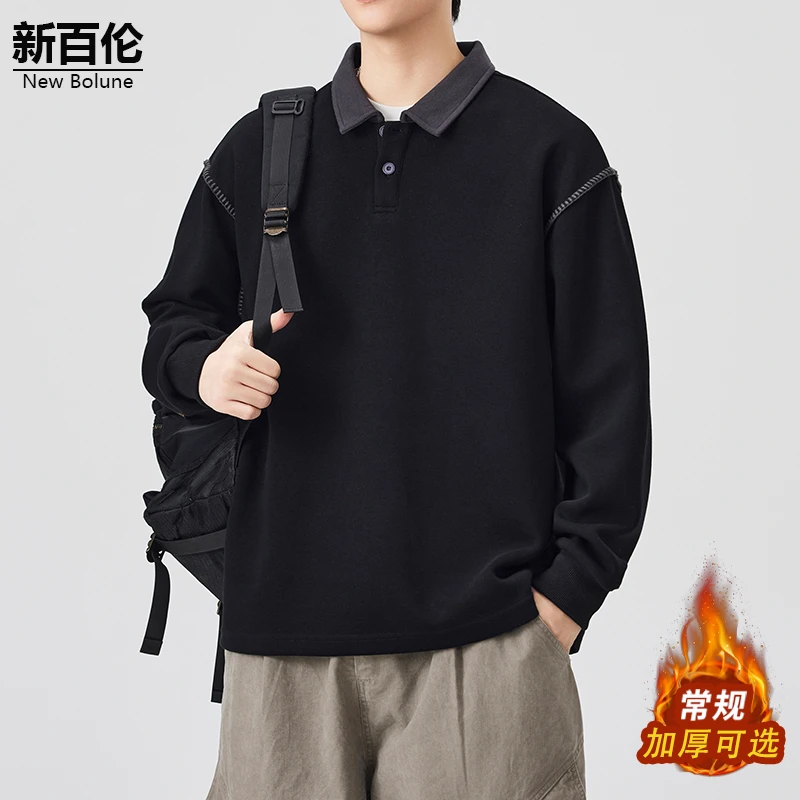 新百伦/NEW BOLUNE美式POLO领卫衣男款秋冬季加绒简约拼接上衣