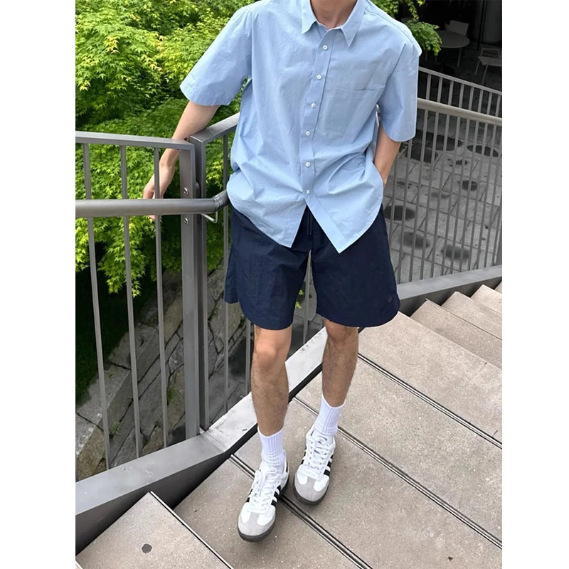 藏蓝色速干四分短裤男款夏季冰丝美式复古运动裤潮牌休闲4分裤子