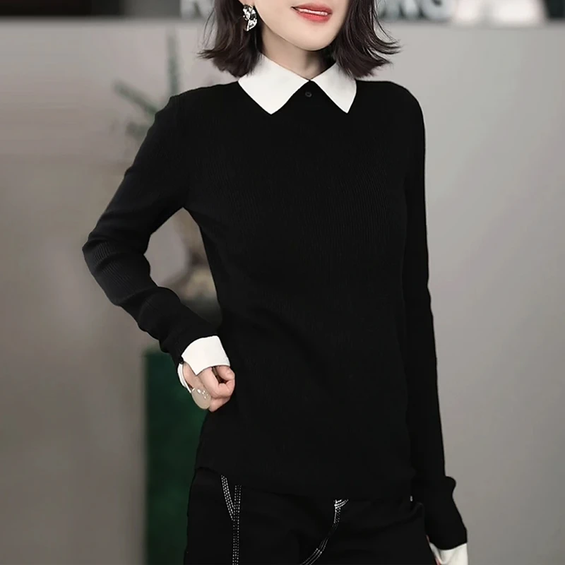 韩系高级感气质减龄小上衣女2025秋季新款修身显瘦翻领百搭针织衫