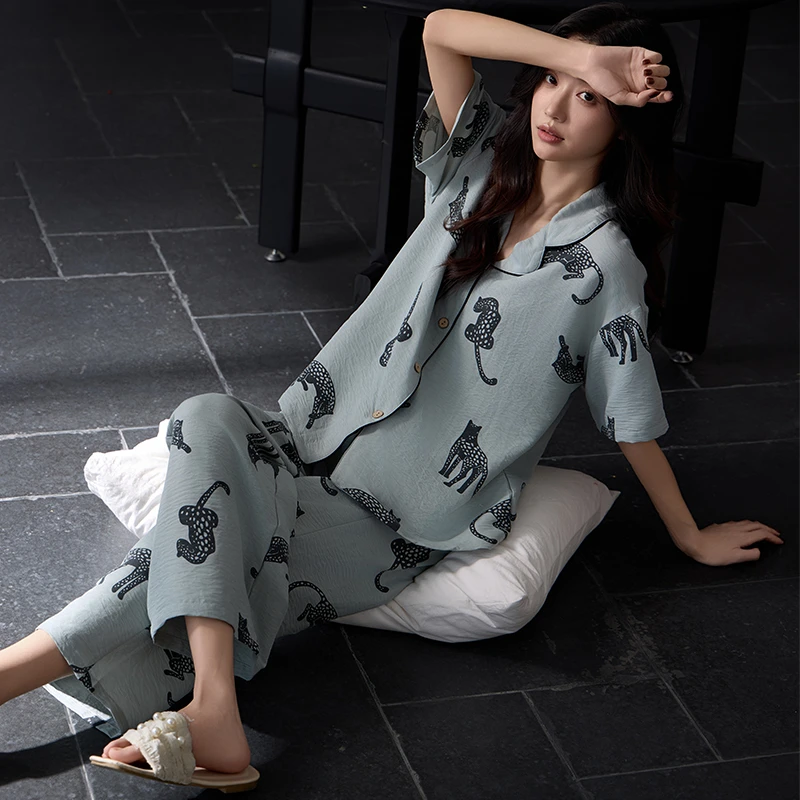 睡衣女士夏款云朵棉带胸垫短袖开衫长裤国风高级感家居服套装薄款