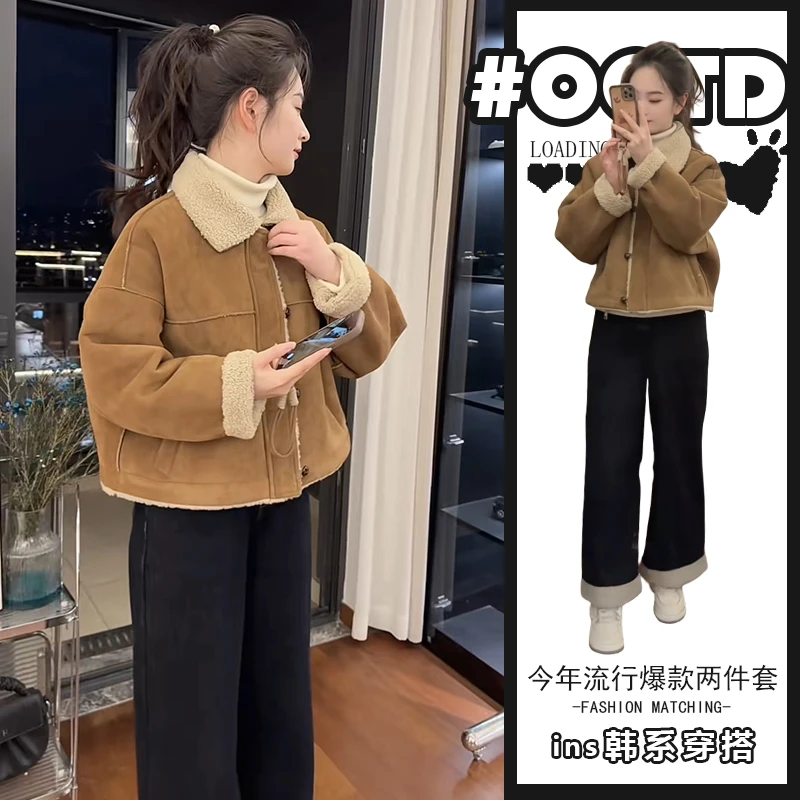 英伦风显瘦两件套穿搭2025秋冬新款时尚气质保暖外套高腰牛仔裤潮