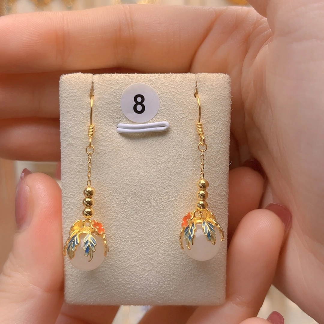 和田玉银S925镀金镶嵌耳饰