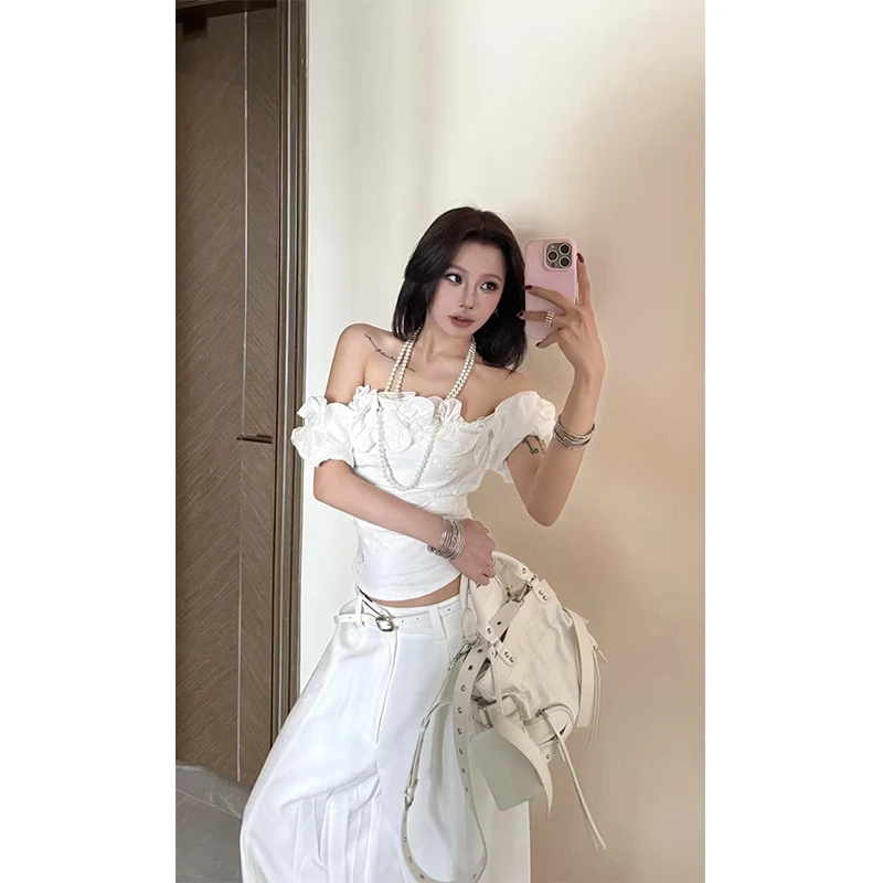 2025夏季新款法式卷边设计感一字肩短袖上衣女配高腰显瘦休闲长裤