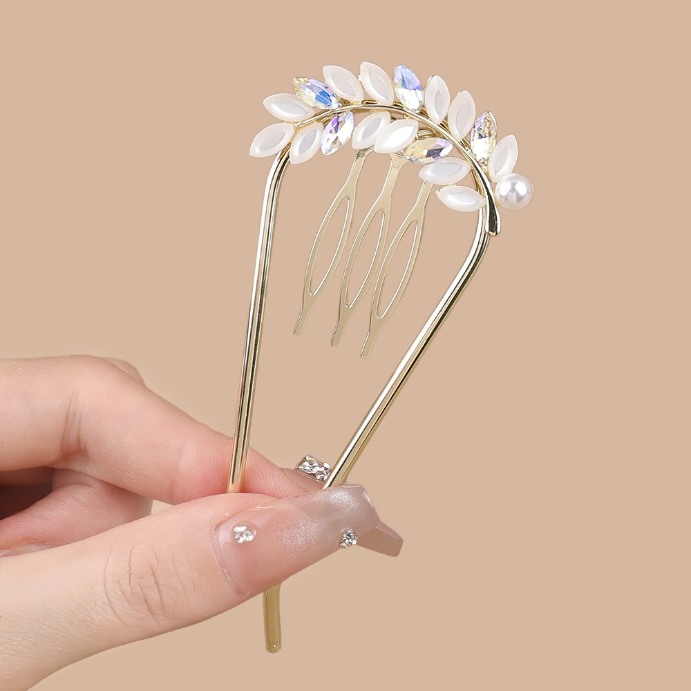 新中式精致猫眼水钻U型齿梳国风发簪后脑勺盘发簪子百搭精美簪子