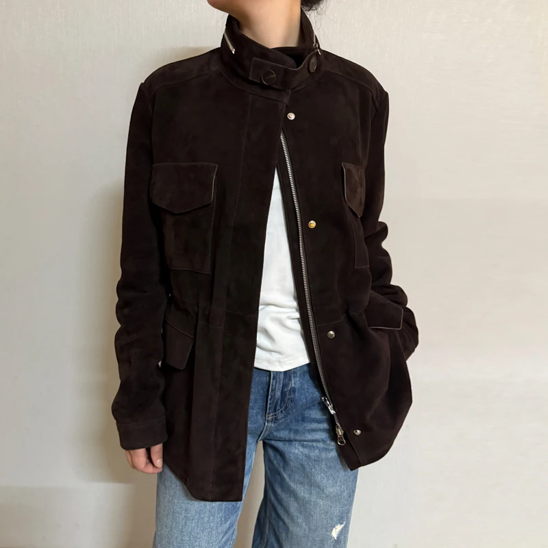 韩版2025秋新款进口绒面小立领羊皮机车宽松版女士夹克上衣外套