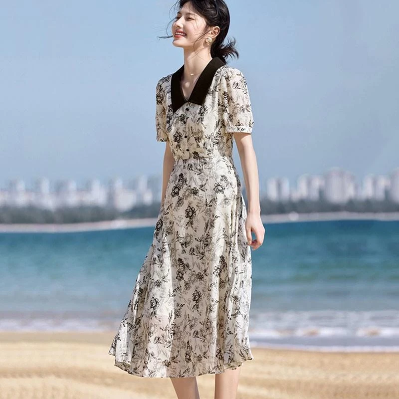 专柜同款高贵品2025夏季女装新款法式复古衬衫领碎花短袖连衣裙