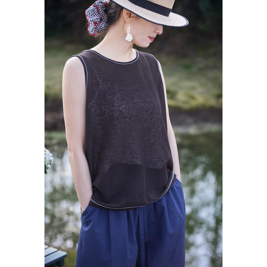 小众文艺春款鸭雏棕撞色罗纹圆领清爽细腻宽松汉麻针织背心5008