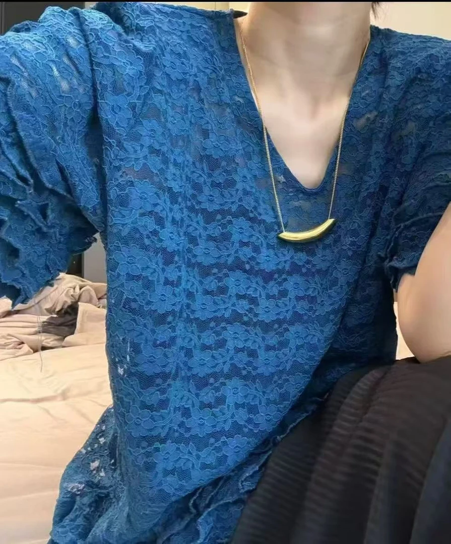V领镂空中长款蕾丝衫蕾丝网红夏季极简风圆领