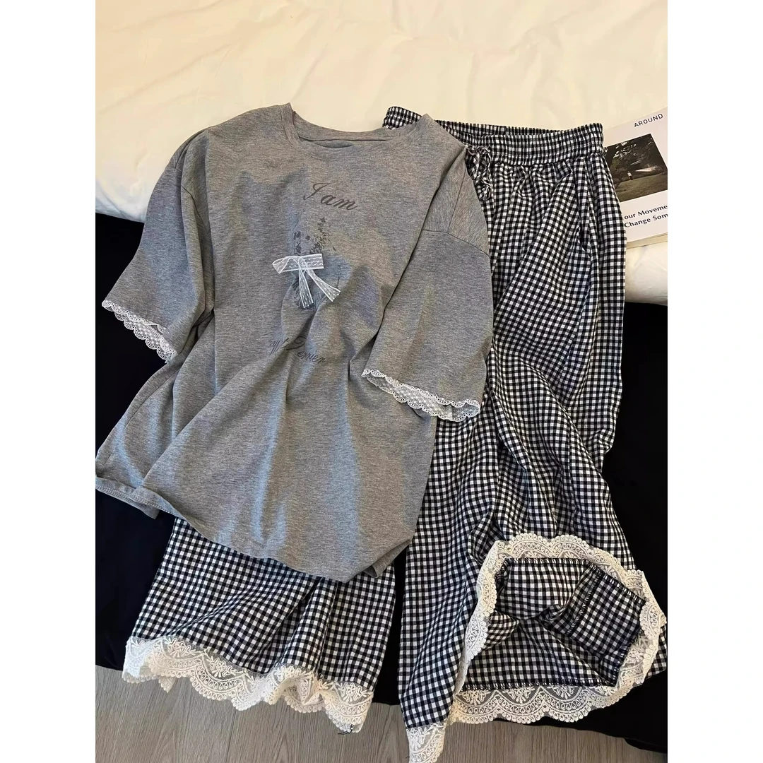 韩系慵懒风短袖睡衣女夏季2025年新款蕾丝花边格纹长裤家居服套装