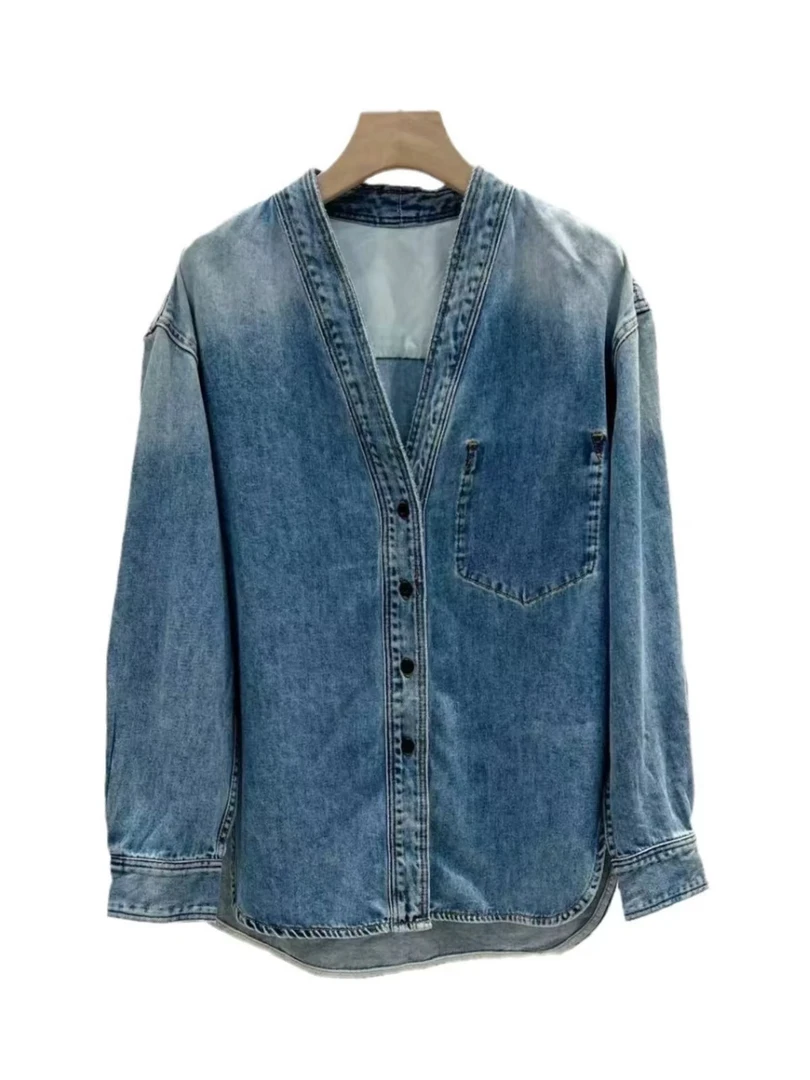 凯特丝蓓1338#牛仔宽U型侧摆复古渐变色长袖牛仔外套女