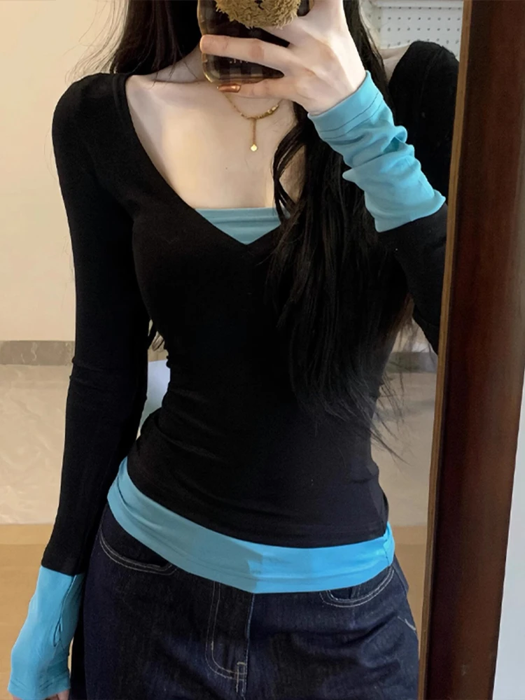 美式辣妹v领假两件撞色长袖t恤女春秋小众修身别致内搭打底衫上衣