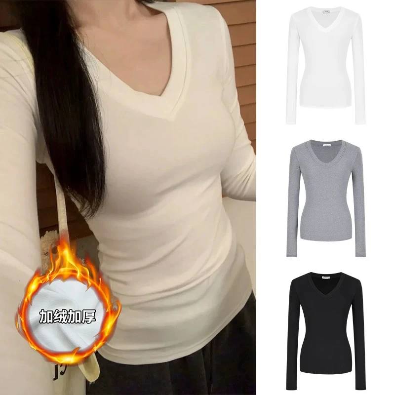 秋冬时尚设计感德绒保暖V领正肩长袖女T恤秋秋季加绒加厚打底小衫