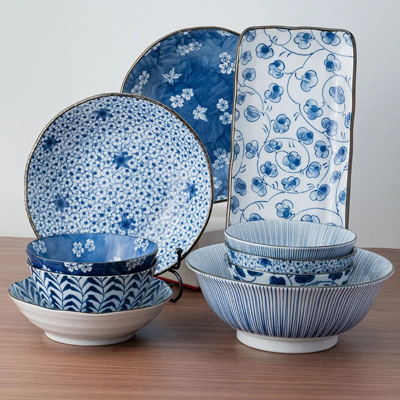 美浓烧日本进口陶瓷碗盘套装日式经典蓝绘饭碗菜盘组合高颜值餐具