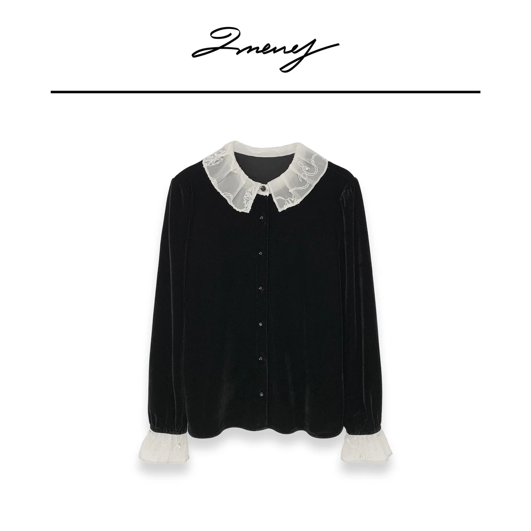 LMENY维纳斯月夜~黑色赫本拼接蕾丝法式小衫24DC028