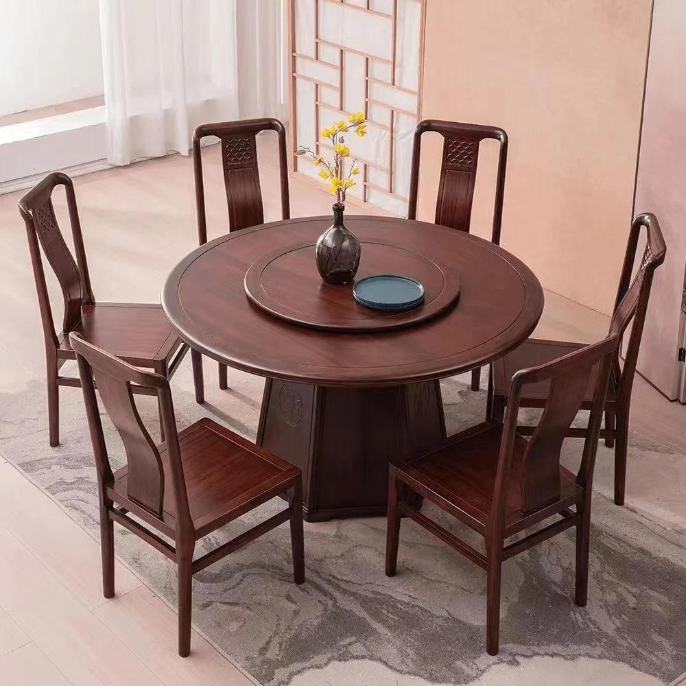 新中式乌金木全实木餐桌椅奢华中式圆形家用圆桌转盘饭桌餐桌组合