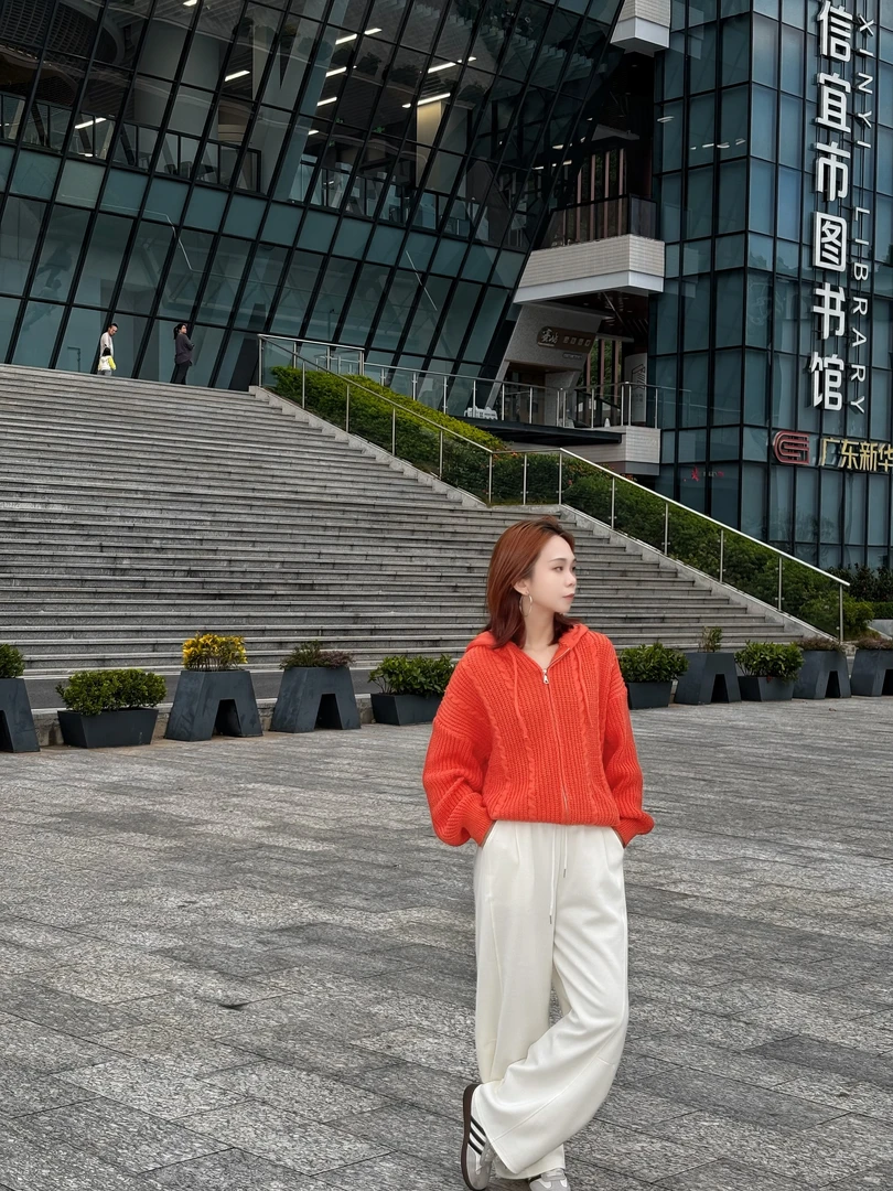 美式复古慵懒风麻花针织连帽毛衣女秋冬季宽松多巴胺软糯开衫外套
