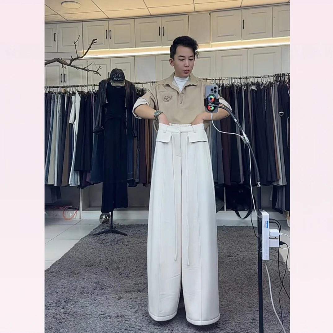 燕龙原创8057高腰后腰松紧婴儿绒弯刀阔腿女秋冬新款宽松休闲长裤