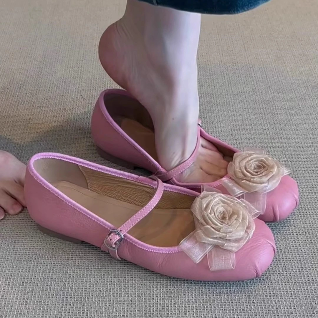 轻奢鞋子粉色圆头软底一字带玛丽珍鞋女配裙子百搭浅口平底芭蕾鞋