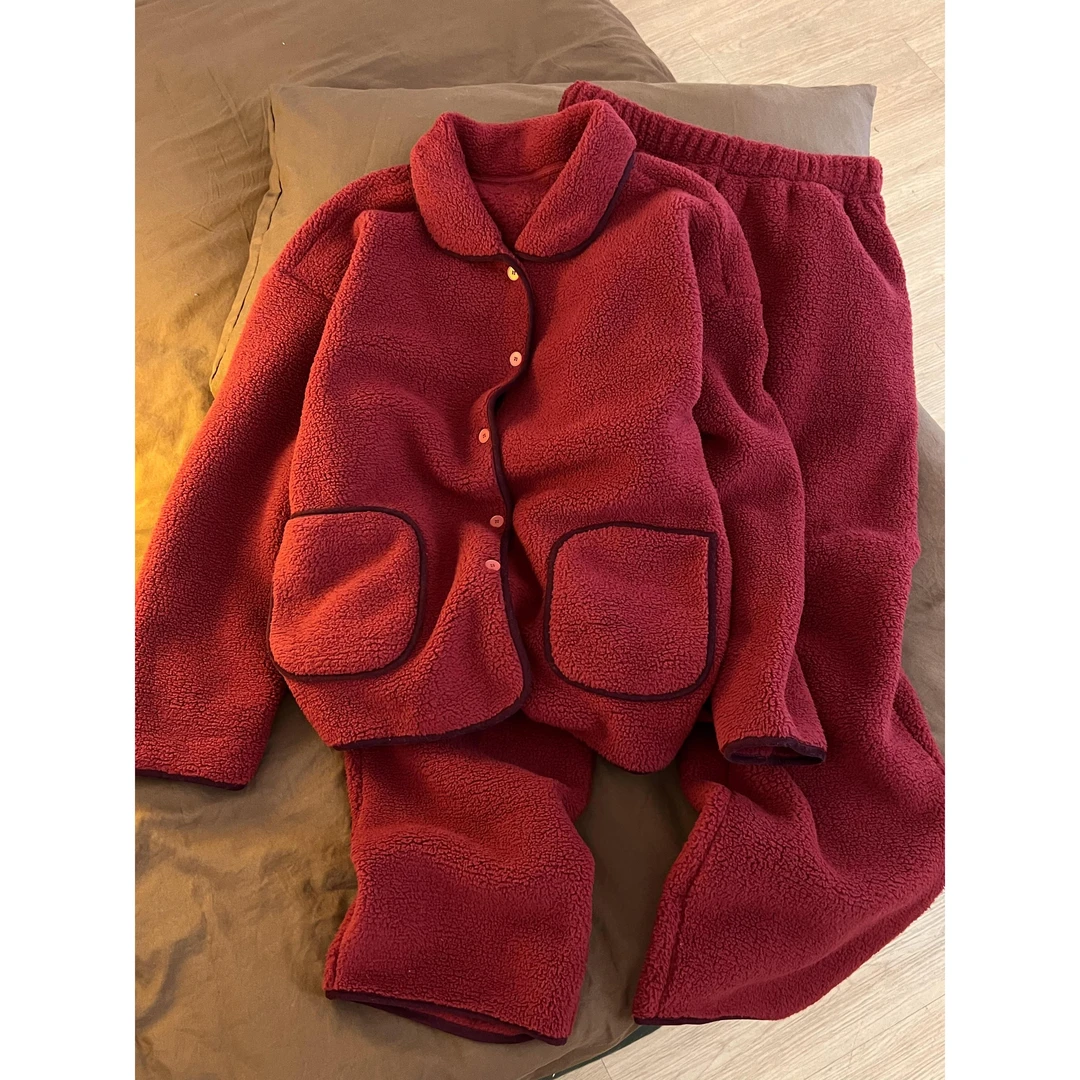 本命年红色珊瑚绒睡衣女秋冬季加厚开衫毛绒绒外套保暖家居服套装
