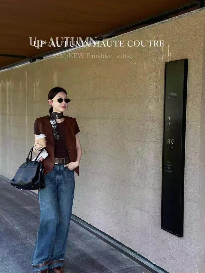 秋冬休闲时尚简约复古气质显瘦短款V领仿麂皮绒老钱风马甲女