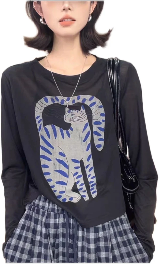 长尾猫印花薄款长袖T恤女2025夏季新款减龄休闲百搭套头防晒衫ins