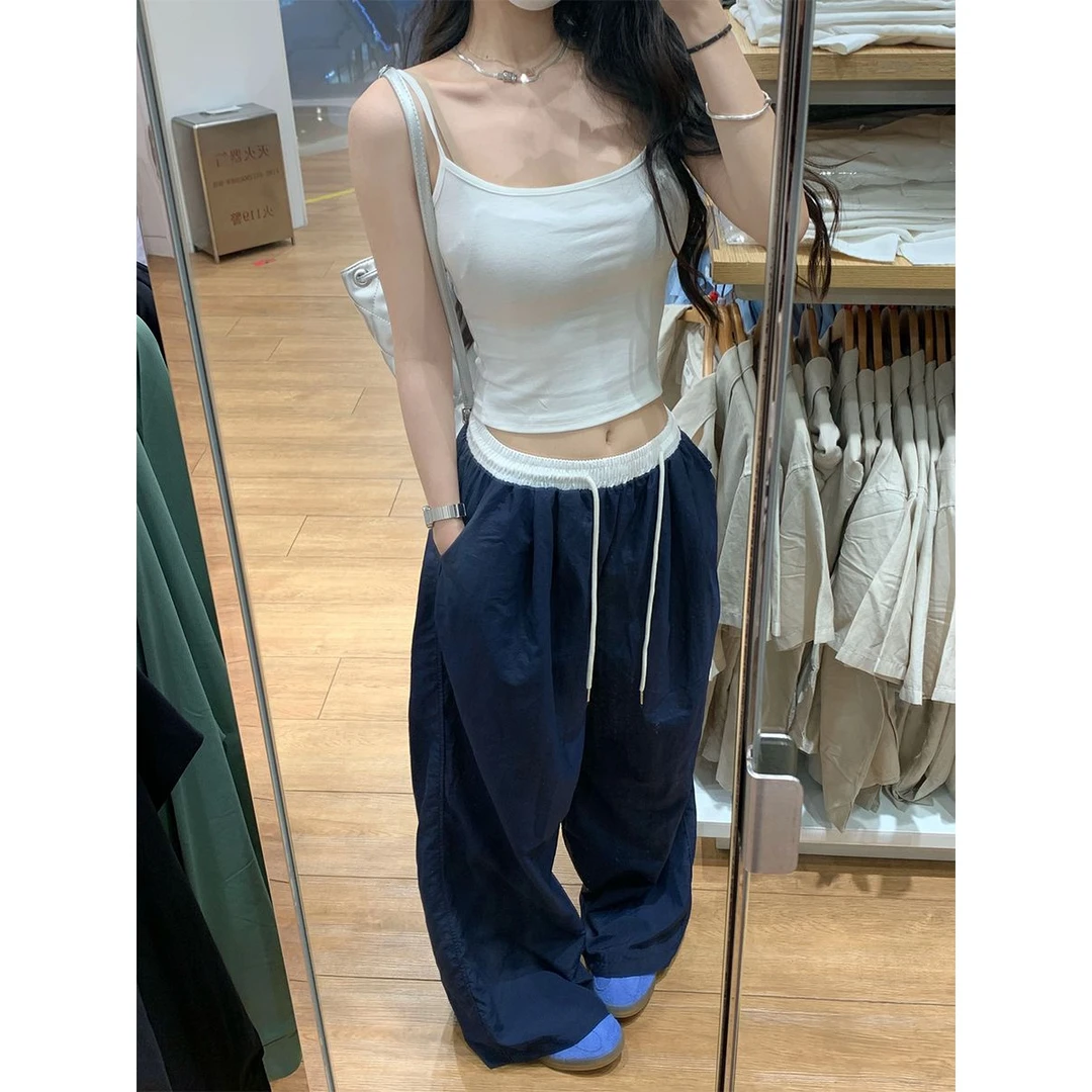 休闲撞色垂感抽绳工装阔腿裤女夏季2025新款慵懒松弛感拖地长裤子