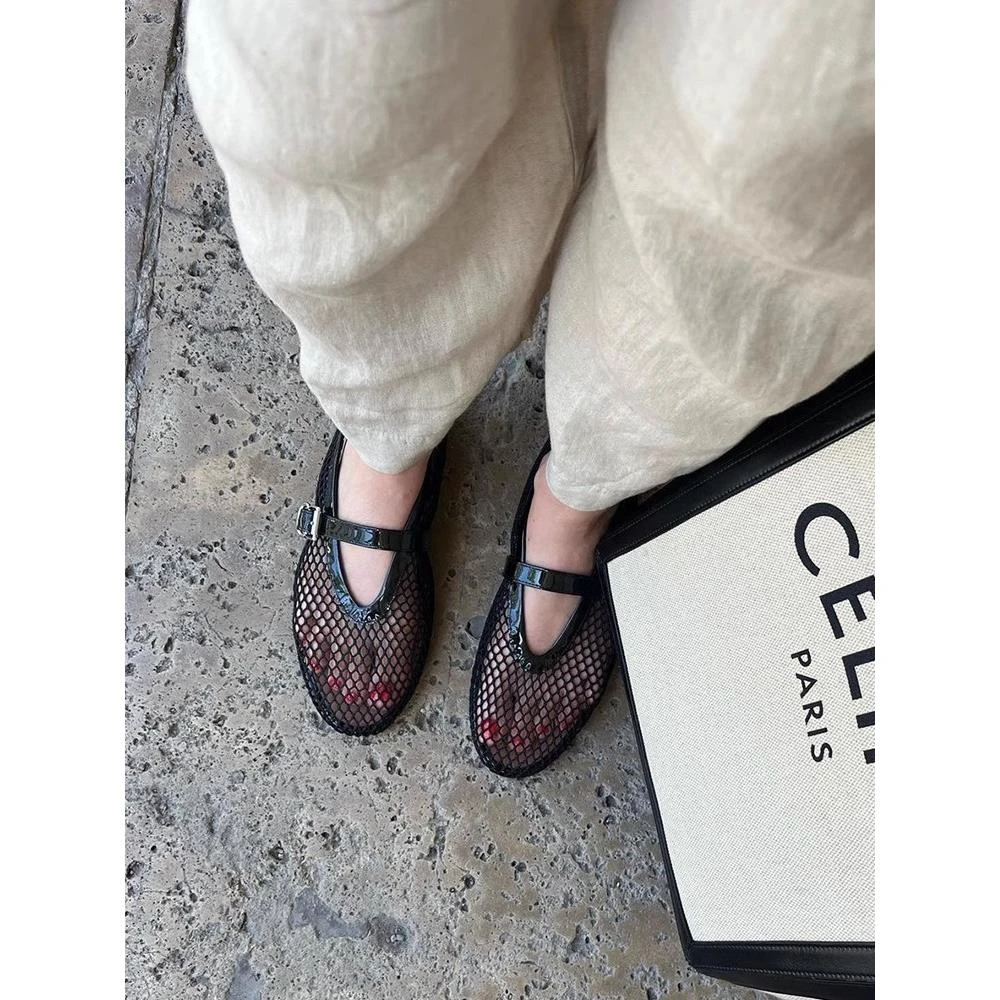 【澳门专柜正品】牛皮版~凉鞋一字扣带芭蕾舞鞋女满钻平底鞋镂空玛