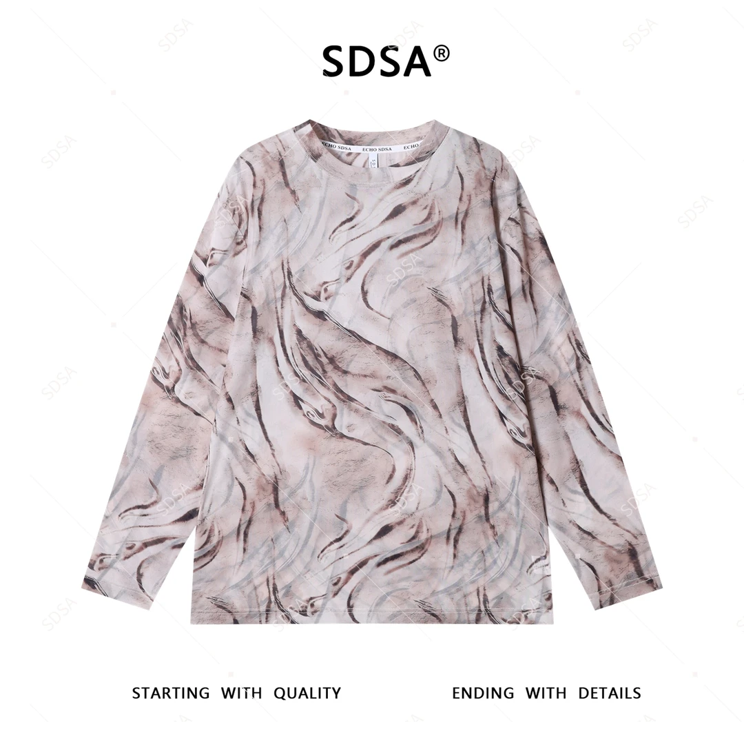 SDSA夏季新款男士痞帅美式凌乱线条设计圆领长袖T恤百搭时尚上衣