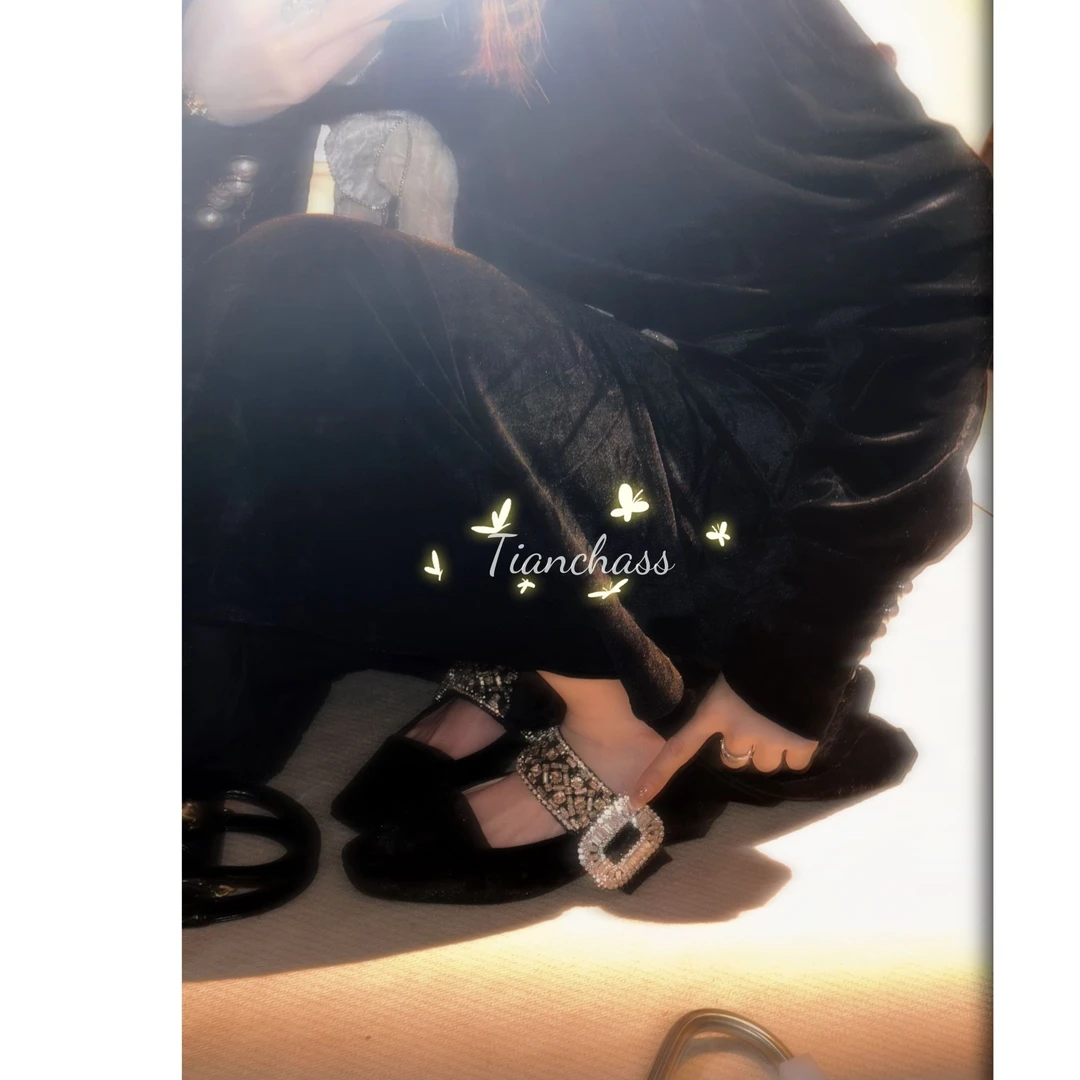 {财阀金丝绒R家2.0｝现货爆闪重磅对柜版粗跟玛丽珍女鞋复古单鞋