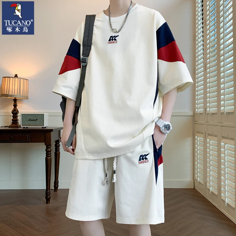 啄木鸟短袖休闲运动套装男士夏季薄款冰丝插肩袖撞色一套搭配夏装