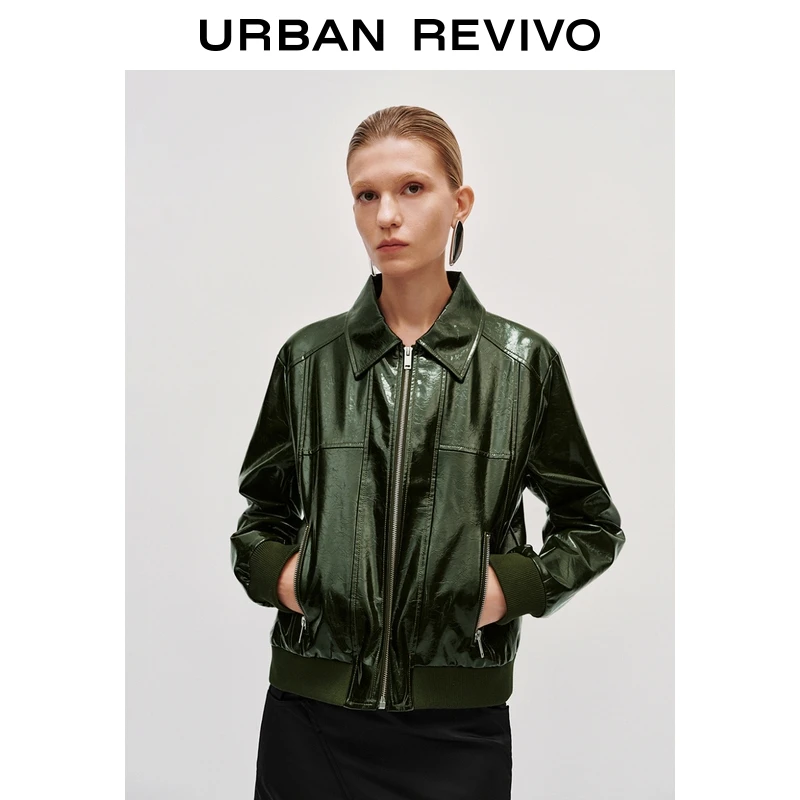 UR2025秋季新款女装气质复古亮面皮质翻领拉链外套UWG150126