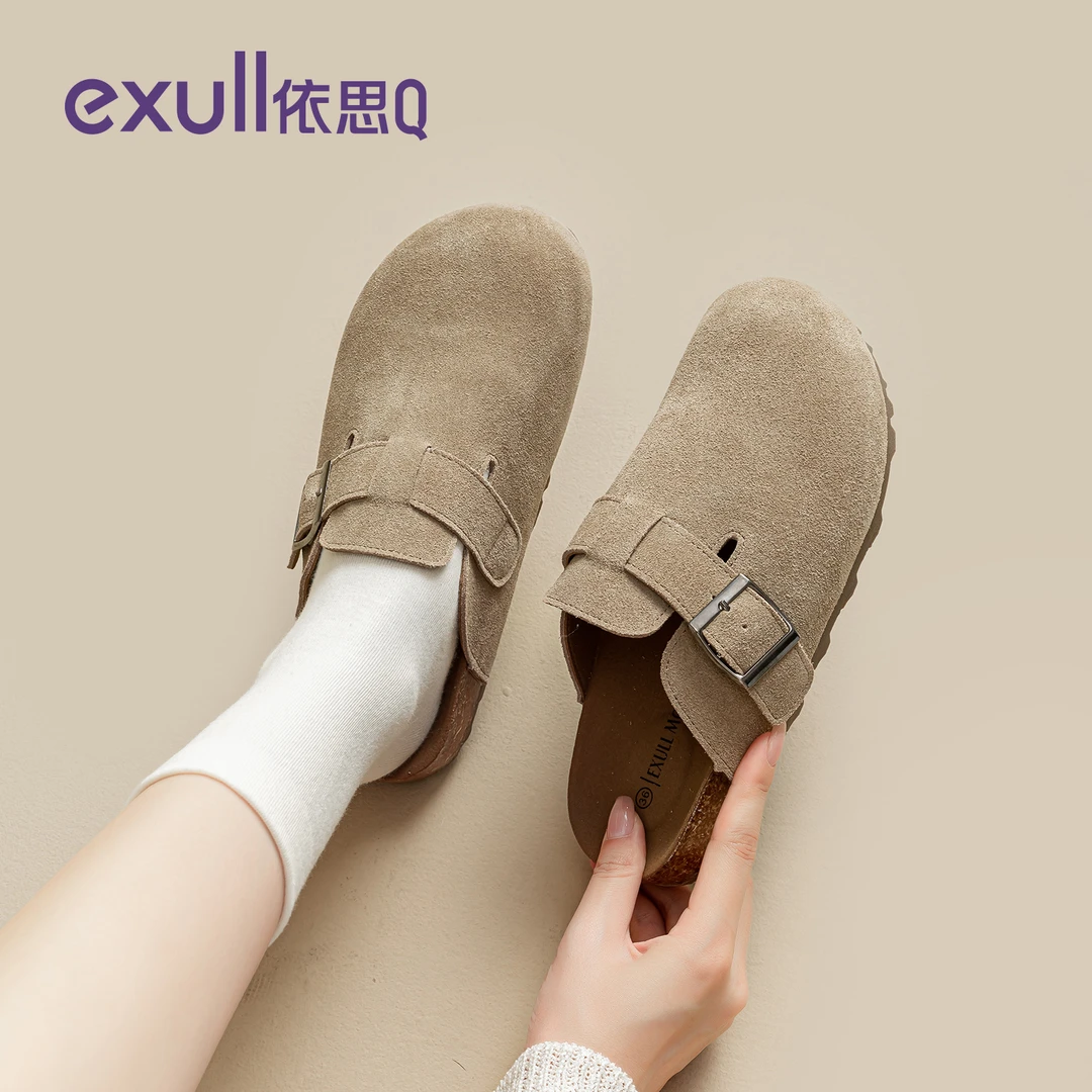 依思q厚底勃肯鞋女2025新款爆款秋季外穿增高复古软木全包半拖鞋