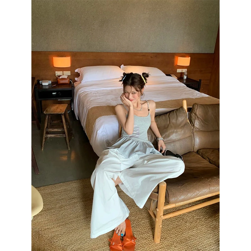 夏季时尚辣妹风修身显瘦穿搭针织吊带上衣休闲宽松百搭直筒长裤女