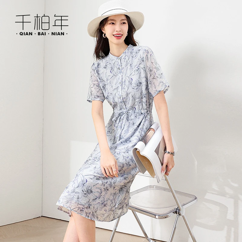 1千柏年品牌【水墨江南】气质减龄蓝色印花纽扣款连衣裙-C486