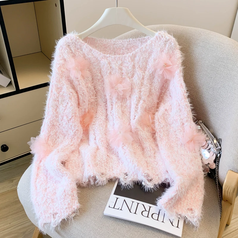 秋冬季别致绝美立体花朵毛衣打底衫女甜美粉色仿水貂绒软糯针织衫