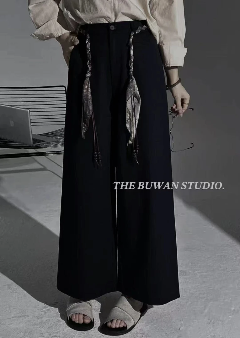 秋季新款百搭宽松慵懒风长裤丝巾腰带垂感休闲高腰显瘦直筒裤4537