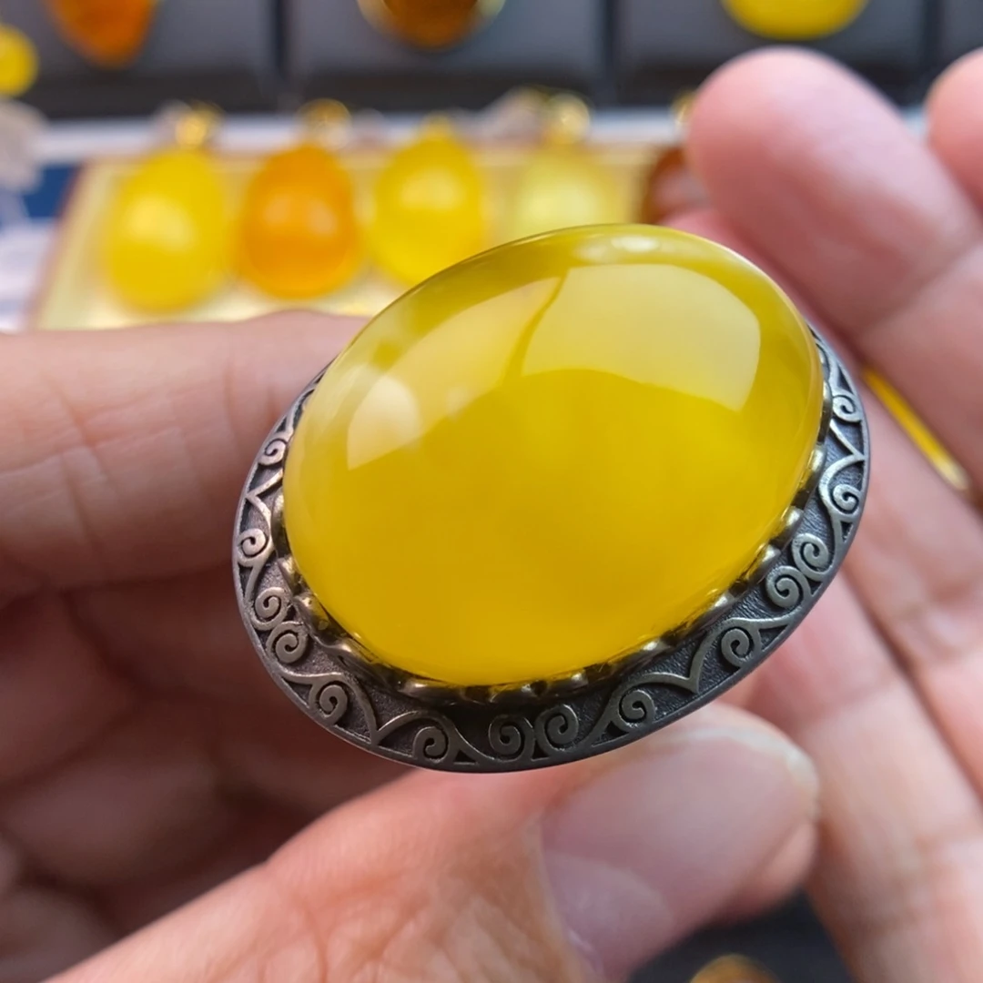 琥珀戒指银S925镶嵌仿古银