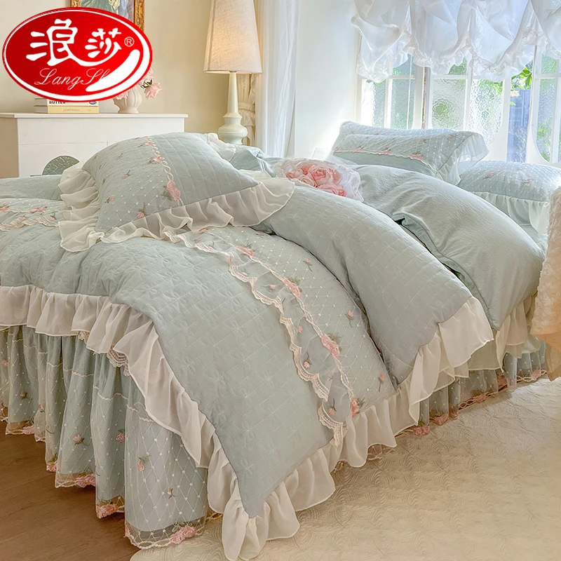 浪莎2025新韩版公主风夹棉床裙四件套蕾丝花边被套木棉加厚被罩