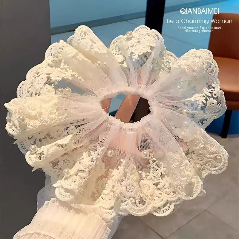 法式大号发圈蕾丝发圈高级轻奢头绳扎头发大肠圈钉珠甜美少女马尾