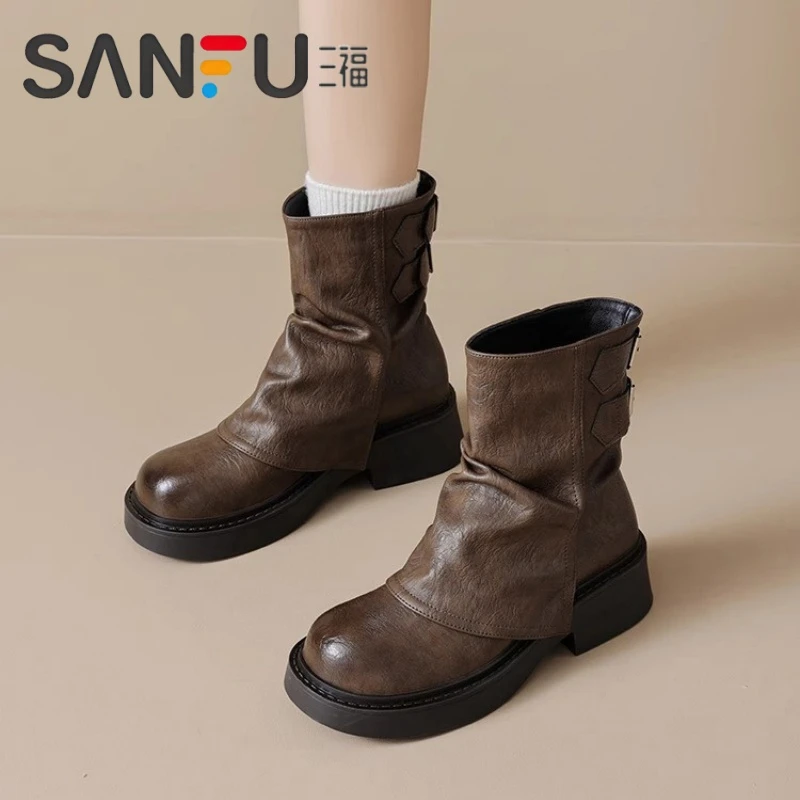 三福真皮美拉德棕色堆堆短靴女2025春秋季新款单靴裤管骑士马丁靴