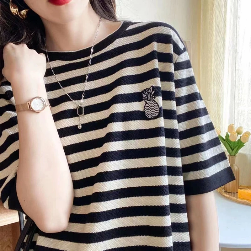 【菠萝短袖】针织衫女装2024年新款夏季黑白条纹上衣爆款百搭宽松