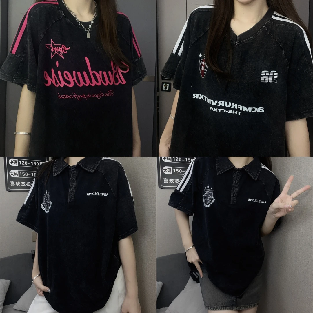 【圆领/V领/翻领】水洗做旧复古设计纯棉T恤宽松落肩插肩袖三条杠