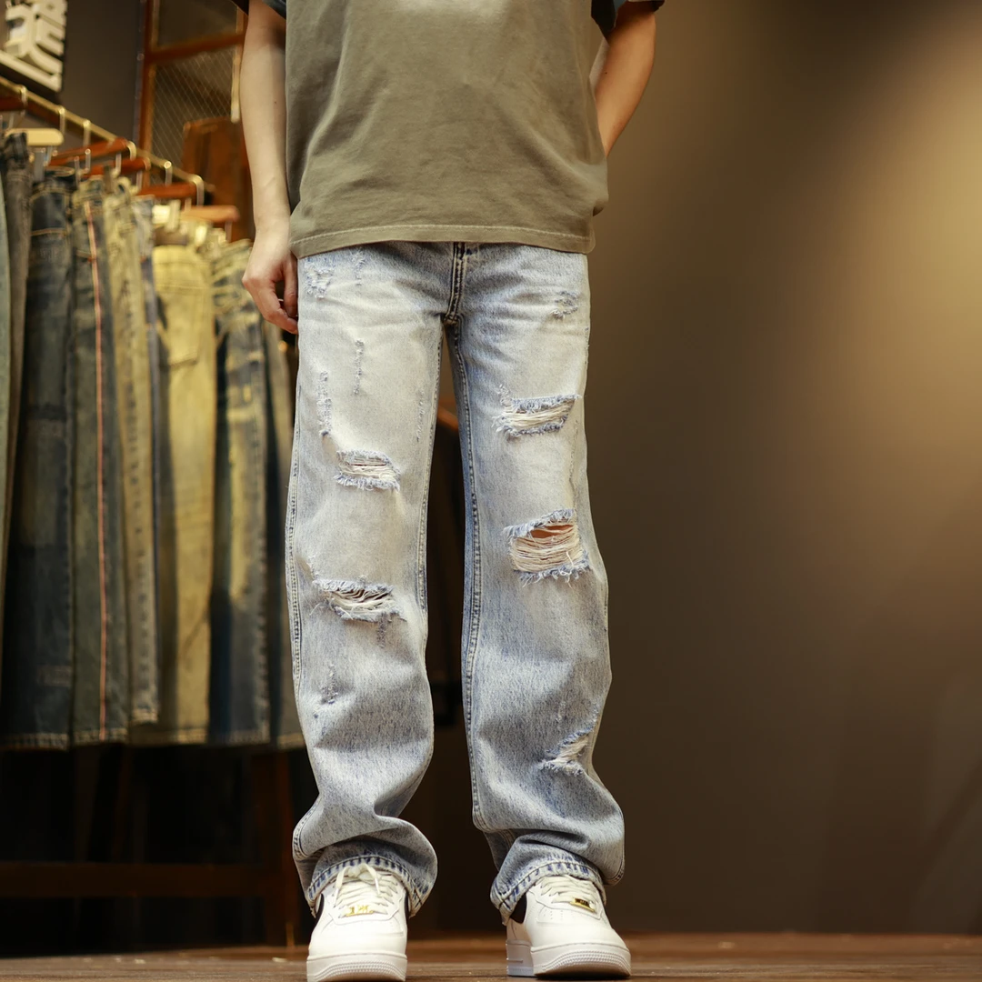 9908破洞牛仔裤男乞丐水洗浅色夏季潮流宽松直筒牛仔裤