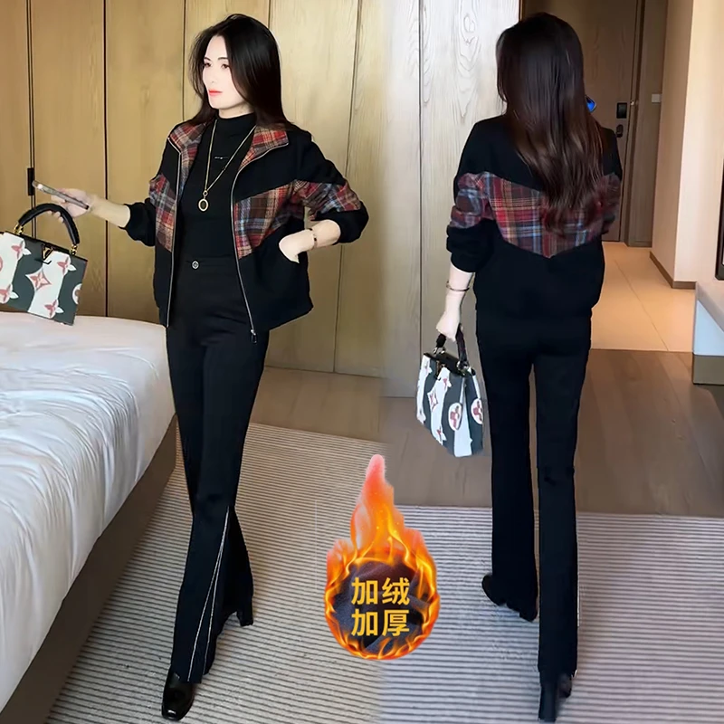 加绒加厚休闲短外套女2025秋冬新款时尚洋气显瘦百搭格子夹克上衣