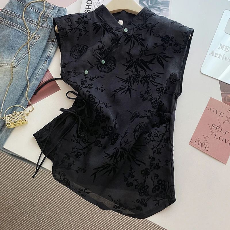 大码25新款设计感小衫新中式国风旗袍上衣黑色背心吊带正肩显瘦