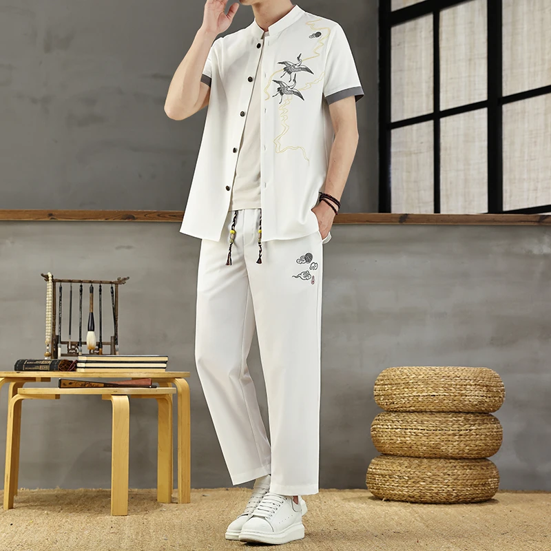 男士短袖T恤中国风套装夏季新款国潮复古中式开衫唐装休闲两件套